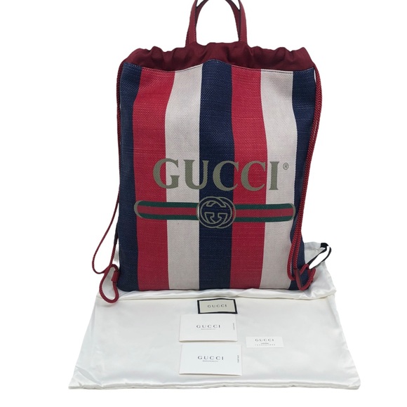 Gucci New Drawstring Logo Stripes Signature Backpack/ Tote - Picture 3 of 12